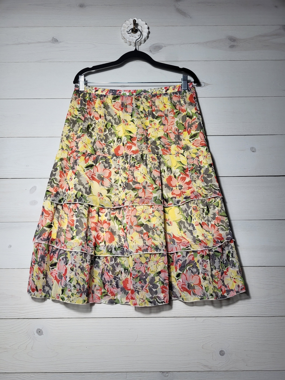 Vintage Notations Midi Skirt Butter Yellow Floral Tiered Spring Cottagecore